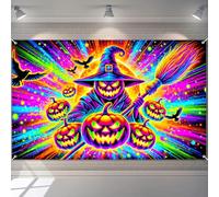 BlissYard Halloween Witch Pumpkin Backdrop 70.9 x 43.3 Inches Neon Horror Fabric Background Scary Jack-o'-Lantern Banner with Broom Raven Glow Effect for Halloween Party Wall Decor Photo Booth Prop