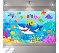 BlissYard Happy 10th Birthday Banner Ocean Theme Decration Under The Sea with Shark and Colorful Fish Backdrop for Boys Girls Ten Year Old Party Decor Photography Background 71x43 inch Photo Prop