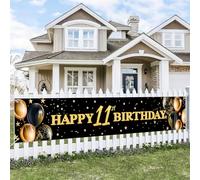 BlissYard Happy 11th Birthday Banner Gold Black Balloons Party Decorations for Home Celebrations Photo Booth Backdrop 118x20 Inch Long Polyester Fabric Sign For Girls or boys gifts
