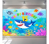 BlissYard Happy 15th Birthday Banner Ocean Discovery Under The Sea Adventure Decrations Smiling Shark Photography Background Colorful Marine for Kids Boys Girls Backdrop 71x43 inch Fifteen Year Old