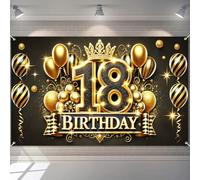 BlissYard Happy 18th Birthday Banner Gold Black Crown Decrations Elegant Celebration Backdrop Glitter Number Balloons for Boys Girls Photography Background 71x43 Inch Photo Booth Decor for Men Women