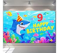 BlissYard Happy 9th Birthday Banner Ocean Theme Decrations Under The Sea with Party Hat Shark Colorful Fish Backdrop 71x43 inch Photography Background for Kids Boys Girls Nine Year Old Decor Gifts