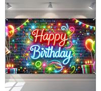 BlissYard Happy Birthday Backdrop Neon Glow Sign Vibrant Colorful Brick Wall Photography Background Banner for Kids Teens Adults Party Decorations Supplies Large Fabric Photo Booth Prop 71x43 Inch