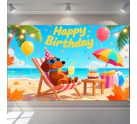 BlissYard Happy Birthday Banner Beach with Dachshund Dog Decration for Tropical Birthday Party Summer Dog Themed Celebration Hawaiian Event Decor Supplies Photography Background 71x43 Inch