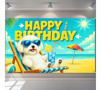 BlissYard Happy Birthday Banner Bichon Frise Beach Party Summer Dog Decration Themed Birthday Celebrations 71x43 inch Kids Adults Backdrop Photography Background Photo Booth Prop Wall Decor Banners