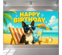 BlissYard Happy Birthday Banner Boston Terrier Beach Party Decorations Summer Dog Themed Birthdays Celebrations Kids Adults Backdrop Photography Background Photo Booth Prop Wall Decor 71x43 inch