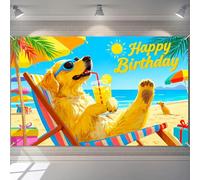 BlissYard Happy Birthday Banner Golden Retriever Beach Summer Party Decrations Backdrop Relaxing Dog Sunglasses Lemonade Gifts 71x43 Inch Palm Trees Photography Background Photo Booth Banners