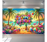 BlissYard Happy Birthday Banner Tropical Beach Theme Decrations Backdrop Summer Party Luau Background Decorations 84x60 Inch for Girls Boys Photo Booth Supplies for Girls or Boys Gifts