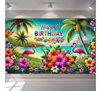 BlissYard Happy Birthday Banner Tropical Theme Decoration Backdrop 120x84 Inch Luau Party Beach Theme Background Decoration with Flamingos Flowers and Ukulele for Girls or Boys Gifts