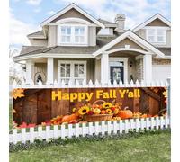BlissYard Happy Fall Y’All Banner 118x20 Inches Wooden Background Basket Sunflowers Pumpkins Autumn Leaves Design Holiday Wall Hanging Indoor Outdoor Fall Harvest Backdrop Seasonal Porch Decoration