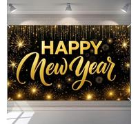 BlissYard Happy New Year Backdrop Black and Gold Fireworks Banner Glitter Photography Background 71x43 Inches Indoor Outdoor Party Decoration New Year Eve Celebration Supplies
