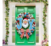 BlissYard Joy Letter Christmas Door Banner 35x71 Inch Holiday Front Door Decoration with Santa Face Red Blue Snowflakes and Plaid Bow for Indoor Outdoor Welcome Home Graduation Halloween Use
