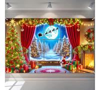 BlissYard Merry Christmas Backdrop 71x43 Inch Winter Forest Photography Banner with Santa Sleigh Fireplace Moon Scene and Red Curtain Decorations for Holiday Party Wall Display