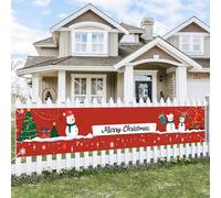BlissYard Merry Christmas Banner 118x20 Inches Red Background Snowman Christmas Trees Gifts Snowflakes Design Holiday Wall Hanging Indoor Outdoor Christmas Party Backdrop Winter Porch Decoration