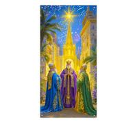 BlissYard Merry Christmas Epiphany Three Kings Door Cover 71x35 Inch Holiday Front Porch Door Banners Decoration Winter Golden Star Crown Kings Scene for Sign Party Decor