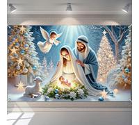BlissYard Nativity Christmas Banner 71x43 Inch Holy Family Backdrop with Baby Jesus Angel Lamb and Lights for Religious Holiday Wall Decor Indoor Outdoor Manger Scene Church Photo Background