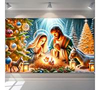 BlissYard Nativity Scene Banner Christmas Jesus Birth Cross Holy Family Christmas Tree 71x43 Inches Winter Religious Holiday Decorations for Home Church Photo Backdrop Banner