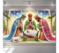 BlissYard Nativity Scene Christmas Banner Backdrop 71x43 Inch Three Wise Men Baby Jesus Banner Holy Night Background for Xmas Religious Party Decorations Christian Christmas Wall Photo Booth Decor