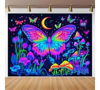 BlissYard Neon Blacklight Tapestry Banner 79x59 Inch Butterfly Mushroom Moon Neon Tapestry Celestial Garden Aesthetic Bohemian Reactive Decor Decration Glow In The Dark Banners Decration Black Light