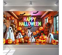 BlissYard Neon Halloween Banner 71x43 Inch Happy Halloween Wall Backdrop with Ghost Pumpkin Lanterns and Bats for Indoor Party Spooky Trick or Treat Decor Glow in Dark Style Decoration