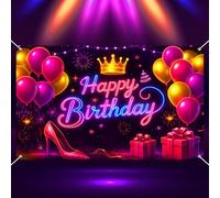 BlissYard Neon Happy Birthday Banner 71x43 Inch Glow Party Backdrop Crown High Heel Balloons Gifts Girl's Princess Birthday Party Decoration Photo Booth Props for Girls or Boys Gifts