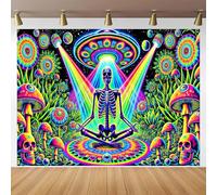 BlissYard Psychedelic Blacklight Tapestry Banner Neon Tapestry Skeleton Meditating Skull UFO Rainbow 79x59 Inch Black Light Tapestries Aesthetic Bohemian Celestial Spiritual Trippy Yoga Room Glow In