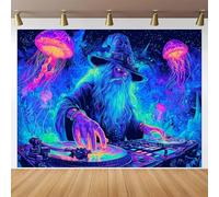 BlissYard Psychedelic Wizard DJ Blacklight Tapestry UV Reactive Glow In The Dark Wall Hanging With Neon Jellyfish Galaxy Trippy Poster Black Light Tapestries For Bedroom Party Decor 78x59 Inch
