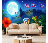 BlissYard Puerto Rico Backdrop Banner 8x6ft Coqui Frog Puerto Rican Flag El Morro Castle Full Moon Hibiscus Flower Domino Cultural Heritage Fiesta Party Decoration Photo Booth Background