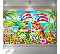 BlissYard Puerto Rico Banner Coqui Frogs Bongo Drums Tropical Beach Hibiscus Flowers Pineapple Caribbean Island Landscape Backdrop 71x43 Inches Summer Party Indoor Outdoor Photo Background Decoration