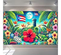 BlissYard Puerto Rico Flag Taino Coqui Backdrop 71x43 Inch Tropical Hibiscus Banner with El Yunque Tower Moon Frog Dice for Boricua Festival Party Caribbean Heritage Wall Decoration Indoor Outdoor