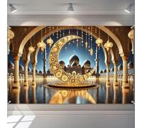 BlissYard Ramadan Eid Banner 71x43 Inch Golden Crescent Moon and Lantern Backdrop with Mosque Dome Architecture and Night Scene for Muslim Festival Celebration Wall Decor Ramadan Kareem Display