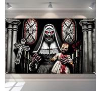 BlissYard Scary Nun Halloween Backdrop 71x43 Inch Creepy Church Wall Decoration with Cross and Bloody Doll Horror Window Banner for Haunted House Party Gothic Decor Indoor Outdoor