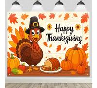 BlissYard Thanksgiving Backdrop Banner 8x6ft Cartoon Turkey Pumpkins Cornucopia Autumn Leaves Harvest Dinner Background for Indoor Outdoor Party Decoration Family Photo Booth Props