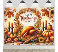 BlissYard Thanksgiving Backdrop Banner 8x6ft Roast Turkey Pumpkins Corn Sunflowers Candle Wreath Fall Harvest Background for Indoor Outdoor Autumn Feast Party Family Dinner Photo Booth Decoration