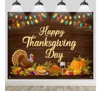 BlissYard Thanksgiving Backdrop Banner 8x6ft Turkey Dinner Pumpkins Autumn Harvest Food Wine String Lights Wooden Background for Fall Feast Party Indoor Outdoor Family Gathering Decoration Photo Booth