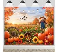 BlissYard Thanksgiving Theme Banner 8x6ft Autumn Harvest Backdrop Pumpkin Field Scarecrow Sunflowers & String Lights for Fall Decor Photography Background Scene Indoor Outdoor Decoration