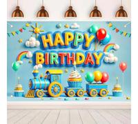 BlissYard Train Birthday Decorations Banner Happy Birthday Backdrop 3D Colorful Balloon Rainbow Cake Trains Photography Background for Kids Boys Birthday Party Newborn Baby Shower Blue 71 x 43Inches