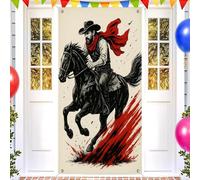 BlissYard Western Hero Door Cover 71x35 Inch Cowboy with Red Scarf Riding Black Horse Dynamic Wild West Theme Party Decorations Rustic Wall Banner Backdrop for Birthday Celebration and Photo Booth