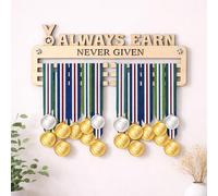 Blitz Craft Always Earned Never Given Medal Hanger Motivational Sports Quote Design - Heavy Duty 9mm Thick Wooden Medal Holder for Wall - Professional Athlete Trophy Display - 240 x 540 mm