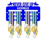 Blitz Craft Equestrian Medal Holder - Motivational Text Never Give Up with Horse Riding Design - Heavy Duty 5mm Acrylic Medal Hanger for Wall - Pony Club & Show Jumping Gifts - Royal Blue
