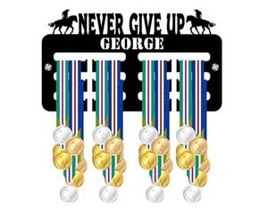 Blitz Craft Equestrian Medal Holder - Motivational Text Never Give Up with Horse Riding Design - Heavy Duty 5mm Acrylic Medal Hanger for Wall - Pony Club & Show Jumping Gifts - Black