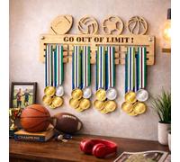 Blitz Craft Multi-Sport Medal Hanger Display Rack Basketball Soccer Football Volleyball Design - Heavy Duty 9mm Thick Wooden Medal Holder for Wall - Kids & Adult Athlete Gifts - 240 x 540 mm