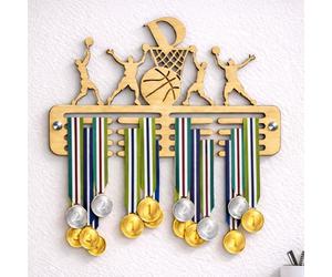 Blitz Craft Personalised Basketball Medal Hanger Display Rack Custom Initial 3D Hoop Design - Heavy Duty 9mm Thick Wooden Medal Holder for Wall - Sports Gifts for Boys & Girls - 210 x 297 mm