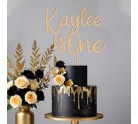 Blitz Craft Personalised Birthday Cake Topper, Custom Name And Age Script Design, 3mm Wooden MDF, 17x14cm, Happy Birthday Cake Decorations | First Boy Girl Party Supplies - Natural Wood