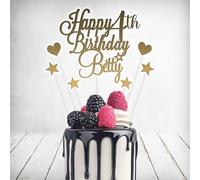 Blitz Craft Personalised Birthday Cake Topper, Happy Birthday, Wedding, Engagement, Acrylic Mirror Custom Text | Includes Food Safe Sticks Stars Hearts for Party Cake Decoration, 17cm x 14cm, Gold