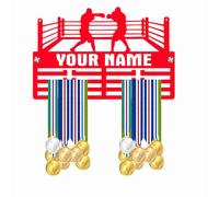 Blitz Craft Personalised Boxing Medal Holder Display Rack - Custom Name Ring Design - Heavy Duty 5mm Acrylic Medal Holder for Wall - MMA, Sparring & Boxer Gifts for Men & Women - RED