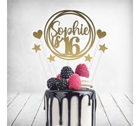 Blitz Craft Personalised Cake Topper with Custom Name Age Hoop Design, Happy Birthday Cake Topper Decoration | Acrylic Mirror Finish | Includes Sticks Stars Hearts, 17x14cm, Gold
