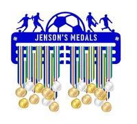 Blitz Craft Personalised Football Medal Holder - Custom Name Player Scene with Football Design - Heavy Duty 5mm Acrylic Medal Hanger for Wall - Soccer Gifts for Kids & Teams - Royal Blue