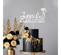 Blitz Craft Personalised Graduation Cake Topper, Custom Name & Class Of Year, 3mm Wooden MDF, 17x14cm, Grad Party Decorations | University College High School Celebration - White