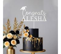 Blitz Craft Personalised Graduation Cake Topper, Custom Name Congrats Design with Graduation Cap, 3mm Wooden MDF, 17x14cm | University College High School Grad Party Decor - White